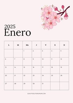 a calendar with pink flowers on it and the word enero written in black ink