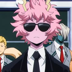 an anime character with pink hair and sunglasses standing in front of other characters wearing suits