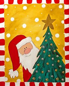 a painting of santa claus with a christmas tree in front of him and a star on the top