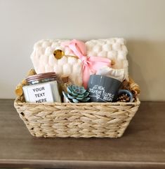 a basket filled with personal items on top of a table