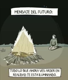 a man sitting on the ground in front of a fire with a sign that says mensate del futuro