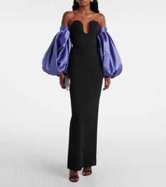 Karina twill and crêpe gown in multicoloured - Solace London | Mytheresa Formal Long Sleeve Maxi Dress In Elastane, Formal Long-sleeve Elastane Maxi Dress, Chic Long Sleeve Fitted Gown, Chic Fitted Long Sleeve Gown, Chic Fitted Gown For Dinner, Gala Maxi Length Elastane Gown, Elastane Maxi Gown For Gala, Fitted Silk Evening Dress With Draped Sleeves, Formal Silk Stretch Maxi Dress