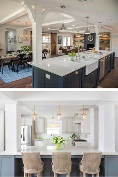 2 Kitchen with Column Idea Compared Each with Pendant Light and Massive Island Kitchens With Pillars, Pillar Kitchen Island, Cased Opening Kitchen Island, Island With Two Posts, Poles In Kitchen Island, Kitchen Island Facing Dining Room, Kitchen Island With Partial Wall, Kitchen Island With Support Post Layout, Kitchen Island Column Ideas