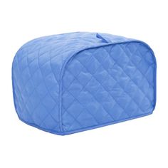 blue quilted cosmetic bag with zipper closures on the front and side, isolated against a white background