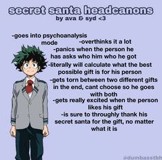 an anime character standing in front of a blue background with the words secret santa headcarons