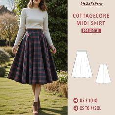 Digital sewing pattern for cottagecore midi skirt. ➡️This pattern comes with an illustrated sewing guide with step-by-step instructions, making it super easy to make your own garment. If you're looking for a beginner-friendly project that will take 2 hours to make, then this is perfect for you! ➡️ US Sizes: 2, 4, 6, 8, 10, 12, 14, 16, 18, 20, 22, 24, 26, 28, 30 ➡️ Standard sizes: XS, S, M, L, XL, 2XL, 3XL, 4XL/5XL ➡️ These templates are suitable for A4, A0 and US Letter size paper. ➡️ Once your payment is processed, you will automatically receive download links for your template files. Please note that you can only download files from one computer; they won't work on a phone or iPad. ➡️This is a digital product. You will receive zip files containing the patterns and sewing instructions. ➡️ Free Midi Skirt Sewing Pattern, Easy Wrap Skirt Pattern Sew, Winter Skirt Sewing Pattern, Beginner Skirt Sewing Pattern, Free Skirt Sewing Pattern, Sewing Projects Skirt, Wrap Skirt Patterns Sewing, Cottagecore Sewing Pattern, Flare Skirt Pattern