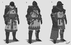 three different types of armor for the character in the video game, with one wearing a helmet