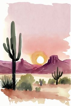 a watercolor painting of a desert scene with cactus and mountains in the background at sunset