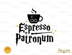 a coffee cup with the words espresso patronum on it and stars in the background