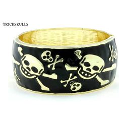 Black Enamel Gold Tone Punk Goth Biker Hinged Cuff Bangle Bracelet New! This Black Enamel Skulls Cuff Bracelet Is A Popular Modern Style Similar To Current Alexander Mcqueen Designs. It Has A Width Of 1 1/4” Inches, A Diameter Of 2 1/4” Inches And A Circumference Of 7 1/2 “ Inches. The Hinge Closure Allows For Some Adjustability And The Color Combo Makes It A Versatile Piece. See Our Other Listings For The White Version Of This Item. Ships Free New And Sealed! See Our Other Listings For Skulleri Punk Crafts, Alexander Mcqueen Designs, Goth Biker, Small Black Purse, Alt Clothes, Gold Link Bracelet, Digital Closet, Gems Bracelet, Tourmaline Bracelet