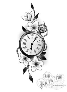 a clock with flowers and vines around it on the side of a white sheet that says dr ink tattoo