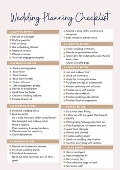 the wedding planning checklist is shown here