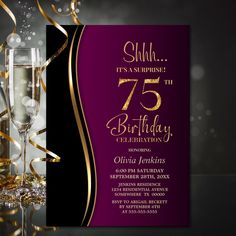 a purple and gold birthday party card with two champagne glasses