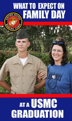 a man and woman standing next to each other in front of a sign that says, what to expect on family day at a usmc graduation