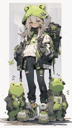 an anime character is standing in front of some small green animals and holding a backpack