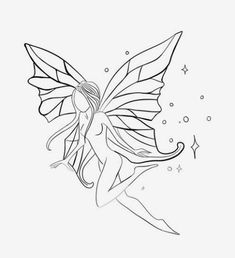 a black and white drawing of a fairy with stars on her wings, sitting in the air