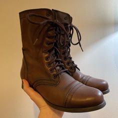 Never Worn Steve Madden Troopas. Dark, Medium Tone Brown. Size 8. ** Were Only Worn For A Few Minutes To Try On In My Bedroom. Never Worn Outside! Brown Boots Aesthetic, Mid Length Boots, Brown Lace Up Boots, Shoes Steve Madden, Lace Up Combat Boots, My Bedroom, Moto Boots, Shoe Game, Steve Madden Shoes