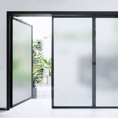 an open glass door leading into a white room with green plants in the back ground