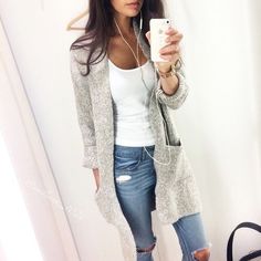 Casual and Cute Gray Cardigan Outfit, Capri Outfits, Cardigan Outfit, Coat Outfit, Gray Cardigan, Fall Winter Outfits, Fashion Street, Street Styles