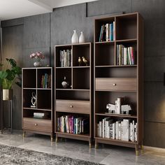 three bookshelves with different types of books on them