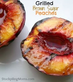 grilled brown sugar peaches on a white plate with text overlay that reads grilled brown sugar peaches