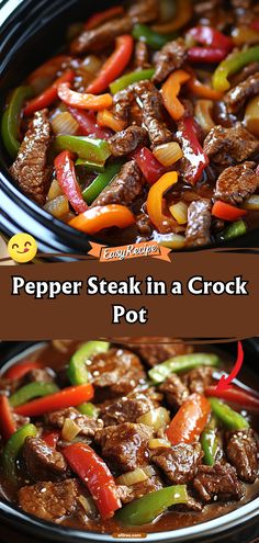 two pictures showing the process of making pepper steak in a crock pot