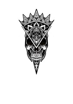 a black and white drawing of a skull with triangles on it's head, in the shape of a triangle