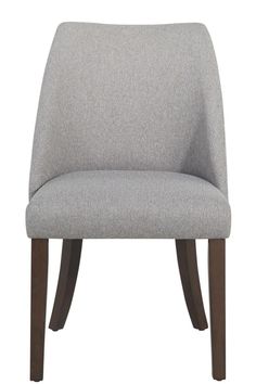 a gray upholstered chair with dark wood legs and an armrest, viewed from the front