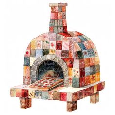 an oven made out of colorful tiles with a pizza on the counter next to it