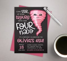 a birthday card with a pink tornado on it next to a cup of coffee