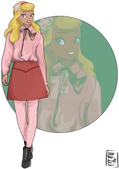 a drawing of a woman with blonde hair wearing a pink shirt and red skirt while standing in front of a man