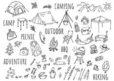 the camping doodle is shown in black and white