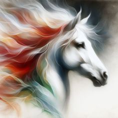 an artistic painting of a white horse with red, orange and blue hair blowing in the wind