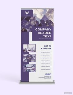 a purple and white roll up banner