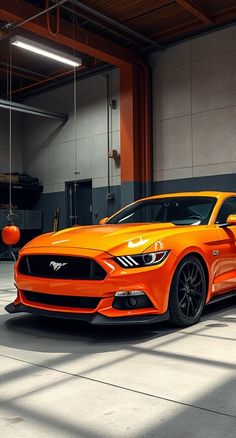 an orange ford mustang parked in a garage