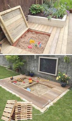 an outdoor play area made out of wooden pallets and sand in the back yard