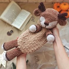 a person holding a stuffed animal in their hands next to some pumpkins and an open book