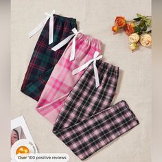 3pcs Plaid Print Tie Waist Sleep Pants Brand New , Never Worn. 4(S) Plaid Pajama Pants, Drawstring Waist Pants, Sleep Pants, Sleepwear Sets, Drop Shoulder Sweaters, Print Pajamas, Gingham Print, Printed Ties, Sleepwear Women