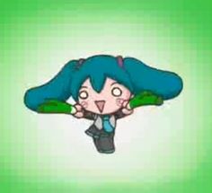 an animated girl with blue hair and green eyes is holding her hands on her head