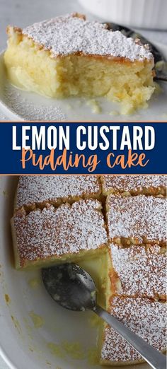 lemon custard pudding cake with powdered sugar on top