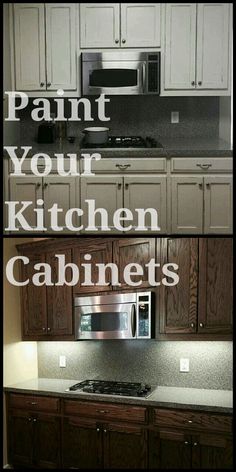 the kitchen cabinets are painted white and have black lettering that says paint your kitchen cabinets