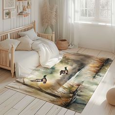 a bed room with a rug on the floor and two ducks in the water area