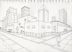 a pencil drawing of a city street with buildings