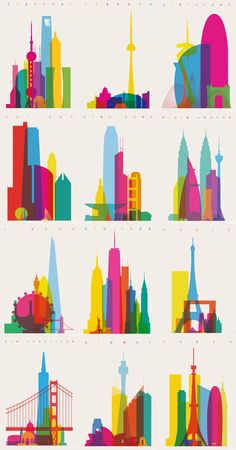 an image of city skylines in different colors