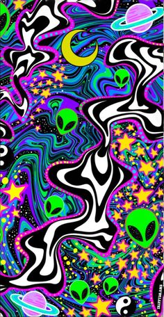 an alien pattern with stars and planets in black, white, blue, pink, yellow and green