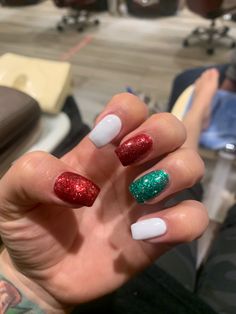 White Red And Green Nails, Red And Green Sparkle Nails, Green Red And White Nails, Red White Green Nails, Red Green White Nails, Red Green And White Christmas Nails, Red White And Green Christmas Nails, Red Green And White Nails, Red White And Green Nails