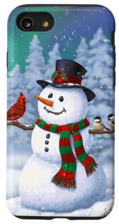 a phone case with a snowman and birds on it