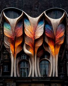 an artisticly designed building on the corner of a street