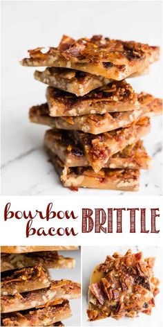 a stack of bacon brittles on top of a white counter with the title above it