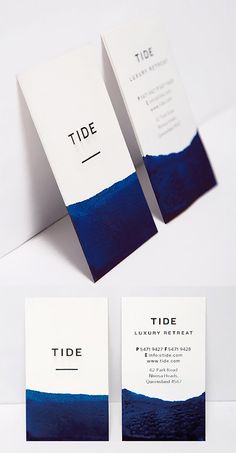 two business cards with blue and white ink on them, one has the word tide printed on it